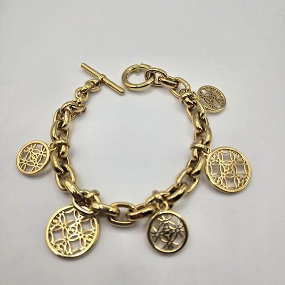 Michael Kors Gold-Tone Chain Bracelet Filigree Logo Coin Charms Toggle Clasp - Picture 1 of 5